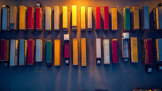 Aerial view of numerous cargo trailers parked in a lot at dusk.