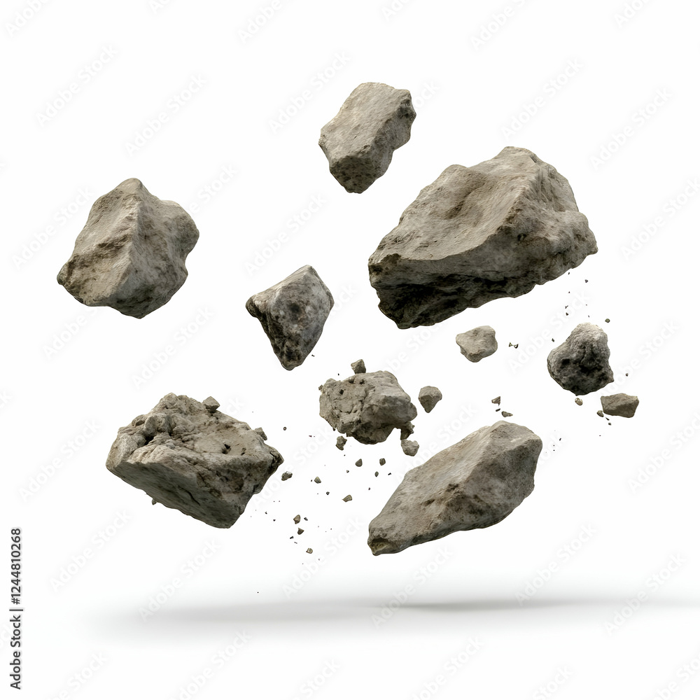 Poster 3d render of floating rocks and debris on white background with realistic texture