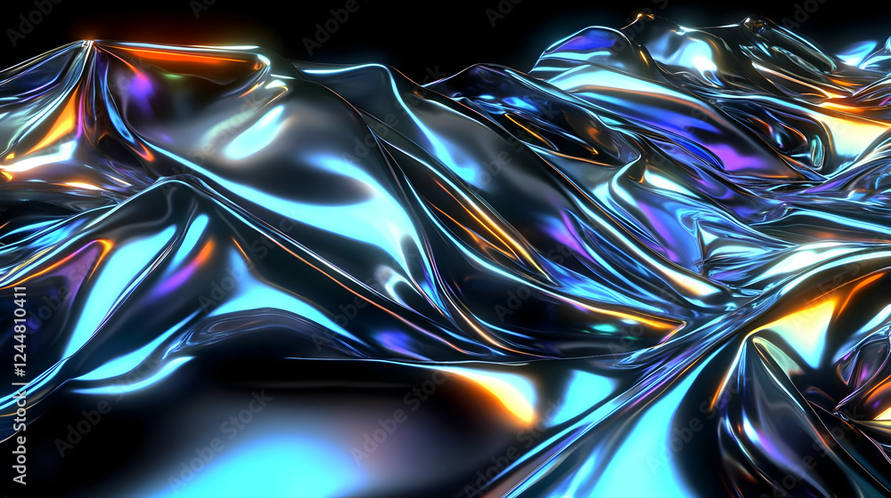 Poster iridescent metallic fabric flows and shimmers with vibrant colors, creating a dynamic, abstract text