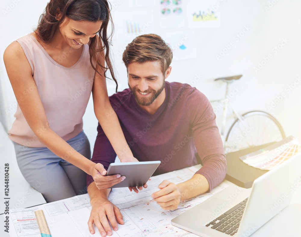 Poster architect, teamwork and meeting with tablet in office for project management or property development