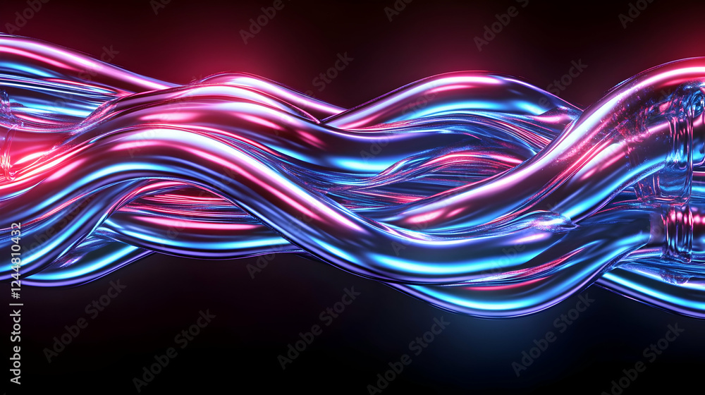 Poster abstract 3d render of intertwined metallic waves with neon lights illuminating the scene.