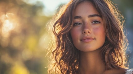 Young woman with natural beauty smiling in soft sunlight with blurred background and gentle bokeh effect