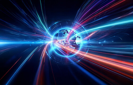 Vibrant light streaks emanate from a glowing globe, creating a dynamic sense of motion and connection.  Abstract and futuristic, it suggests global communication and energy flow.