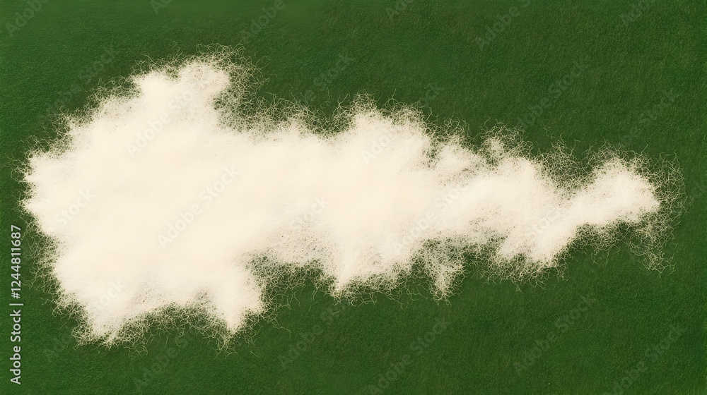 Poster white fluffy material spreads across a green textured surface, creating an abstract design