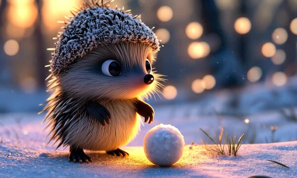 Cute Hedgehog with a Hat in Snowy Landscape with Glowing Lights 3d cartoon with ai generated