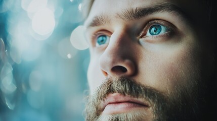 Intense Gaze of a Pensive Man Reflecting Contemplation Near a Window with Soft Bokeh Background