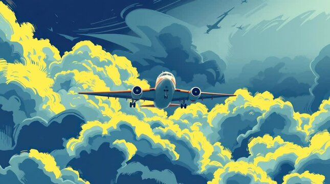 Close-up of an airplane soaring through a dramatic sky