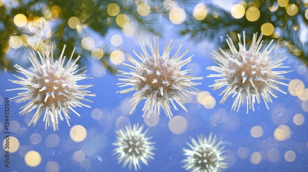 Poster abstract digital representation of glowing viruses against a colorful background