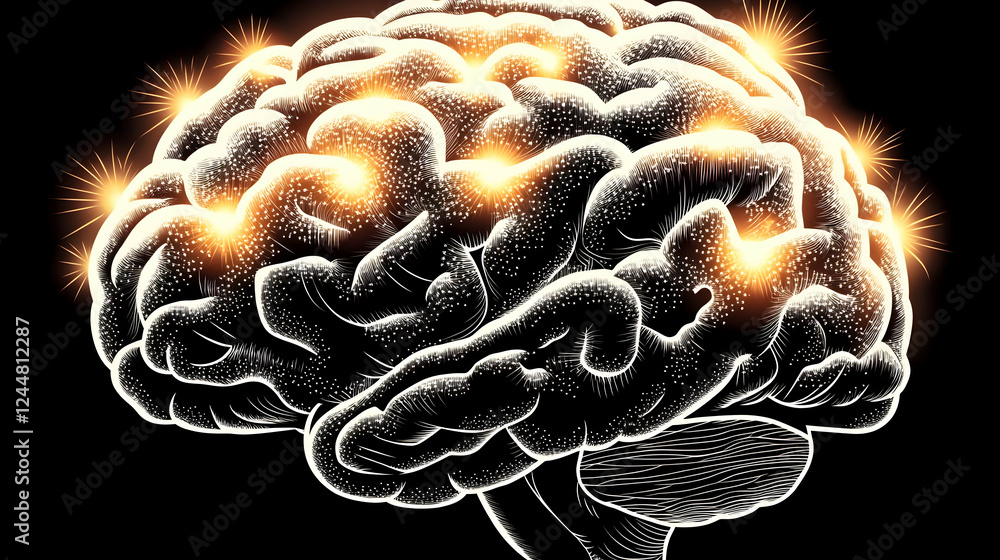 Poster glowing brain illustration shows neural activity and cognitive functions brilliantly on black backgr