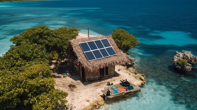 Solar-powered hut on a secluded tropical island surrounded by crystal-clear blue waters and lush greenery. Showcasing sustainable living and off-grid simplicity. Video made using Generative AI