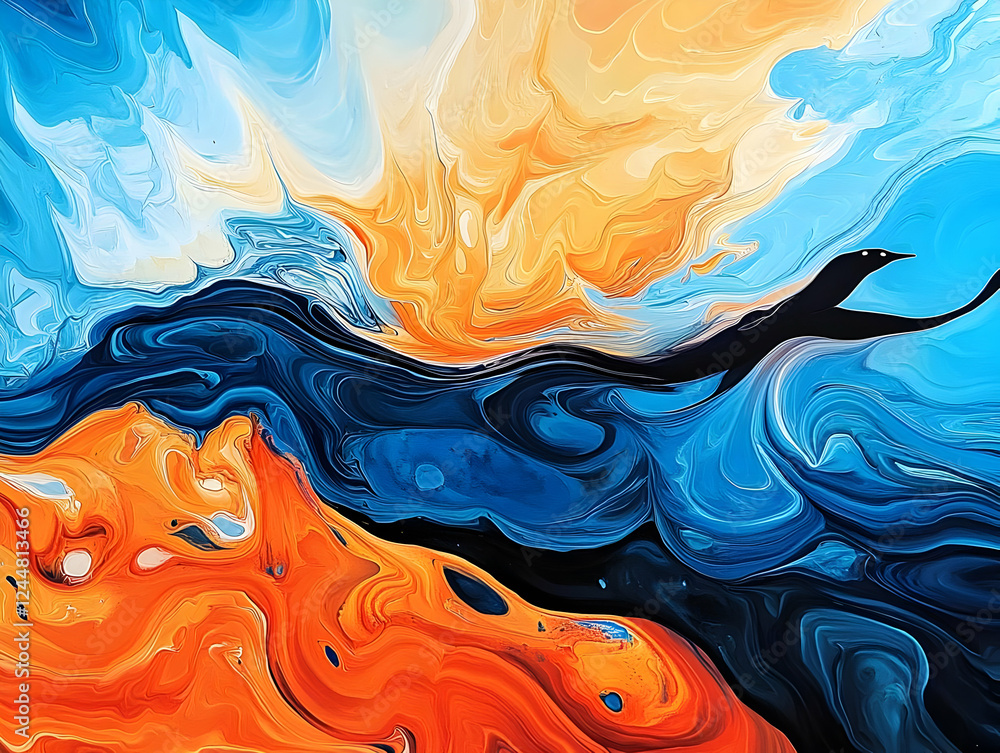 Poster abstract swirling colors blend with a dark silhouette dynamically across canvas
