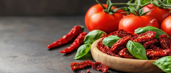 A bowl of dried tomatoes with fresh tomatoes and basil leaves, highlighting Italian cuisine.