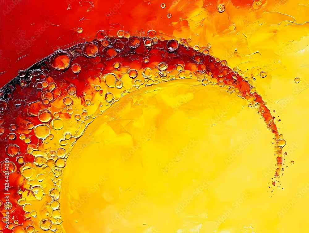 Poster abstract painting shows swirling red and yellow with bubbles dynamically interacting on canvas