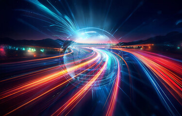 Abstract view of illuminated light streaks converging towards a central glowing sphere against a dark cityscape and mountain backdrop, conveying speed and futuristic motion.