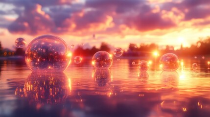 Sunset bubbles float on calm lake water