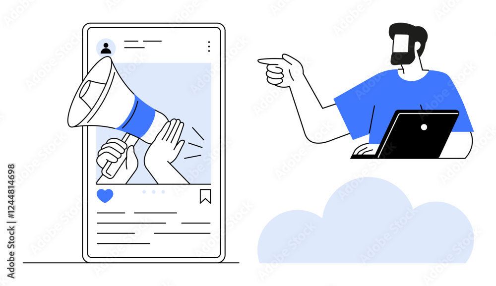 Aufkleber man pointing while using a laptop, large mobile screen with a hand holding a megaphone. ideal for di