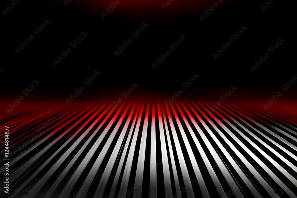 Poster red and white stripes converge on a dark background, creating a dynamic visual.