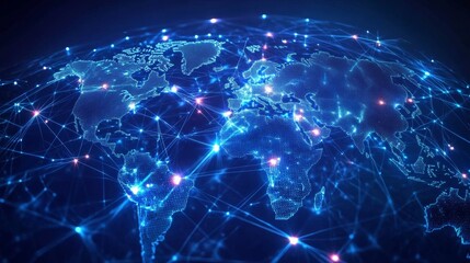 Obraz premium Global communication network concept with interconnected business nodes and human resources collaboration across worldwide platforms.