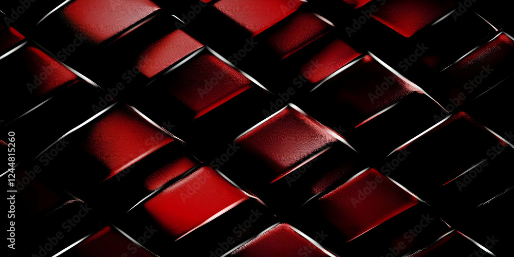 Poster red textured tiles form a geometric pattern on a dark background.