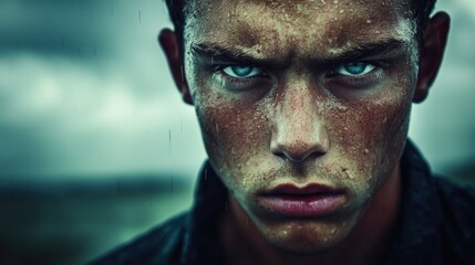Obraz premium Intense Close-up of Young Man with Water Beads on Face Against Dramatic Stormy Background
