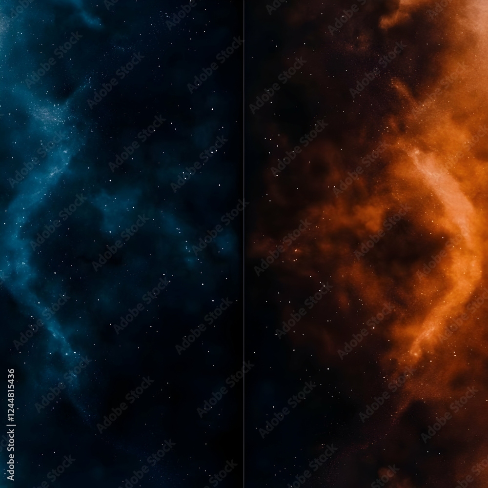 Poster cosmic cloudscape splits into blue and orange nebulae with sparkling stars scattered across the vast