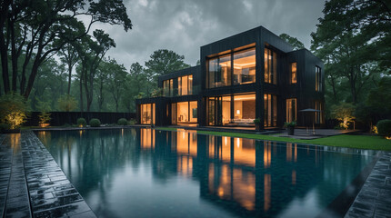 Fototapeta premium Spacious luxury home with sleek design ambient lighting and a peaceful pool reflecting the cloudy rainy weather Exterior Design Inspiration