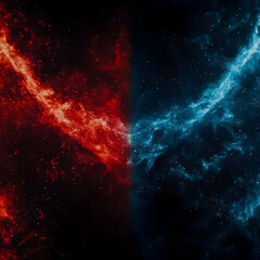 Fototapeta premium Red and Blue Nebulae Collide in a Cosmic Dance Across the Dark Expanse of Space