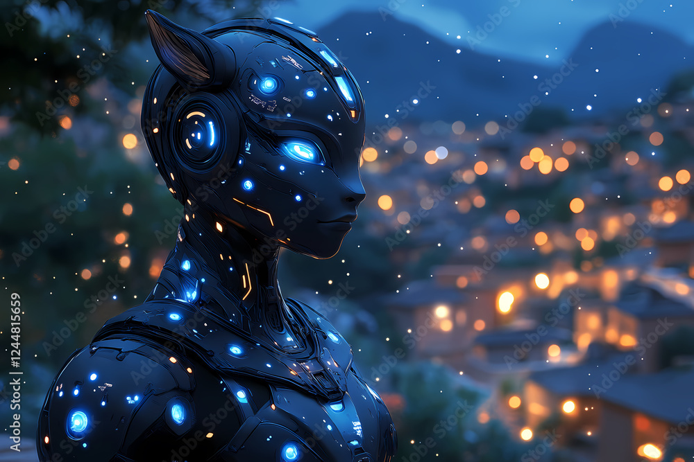 Poster discover a captivating sci-fi concept featuring a fictional character - a robot warrior in futuristi