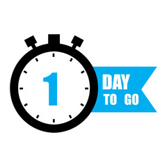 Countdown vector icon. Number one focus. Bold 1 day to go text. Bright blue banner.