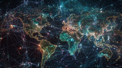 Global communication network concept with interconnected business nodes and human resources collaboration across worldwide platforms.
