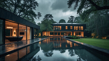 Obraz premium Spacious minimalist mansion with contemporary design glowing lamps and a tranquil pool reflecting rainy cloudy weather Exterior Design Inspiration