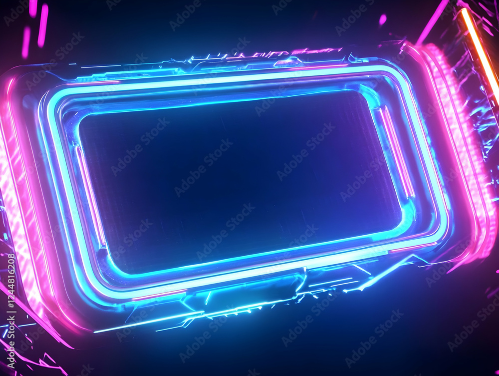 Poster neon frame glowing with futuristic design elements on dark background