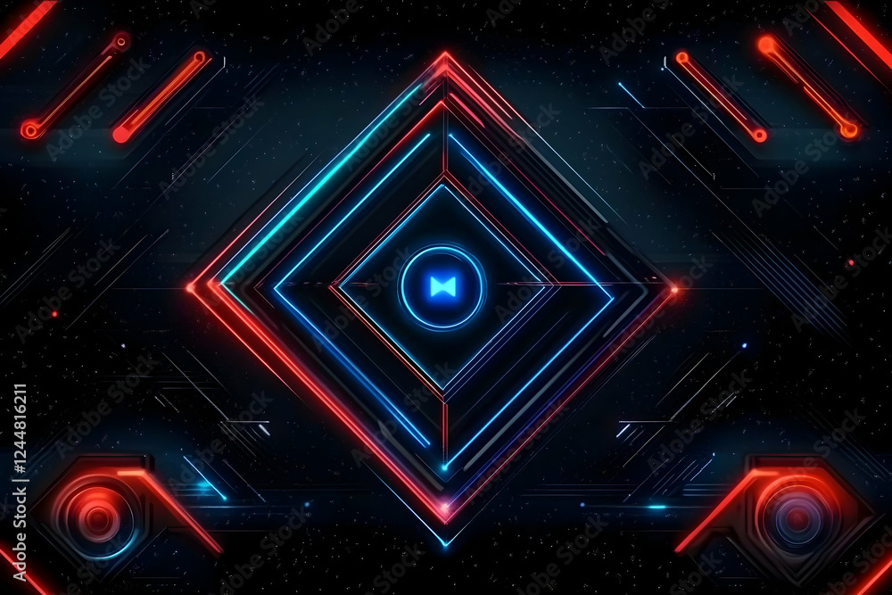 Poster abstract background with red and blue neon lights forming a diamond shape and other geometric patter