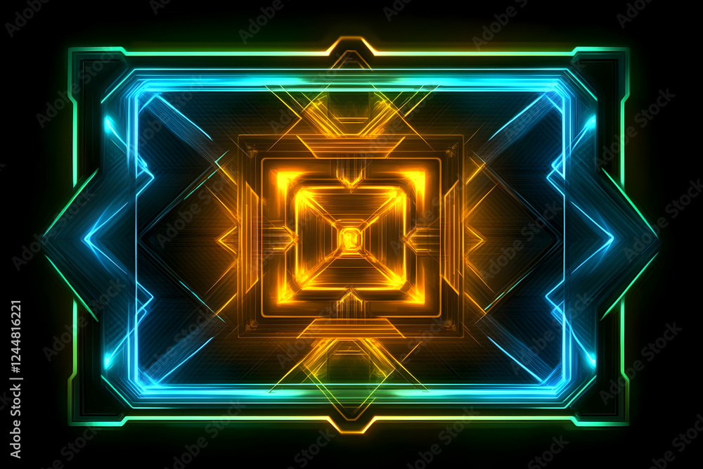 Poster neon glowing geometric shapes form an abstract digital background design with futuristic symmetry.