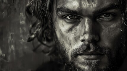 Obraz premium Intense Portrait of a Rugged Man with Deep Eyes Capturing Emotions in Black and White Photography