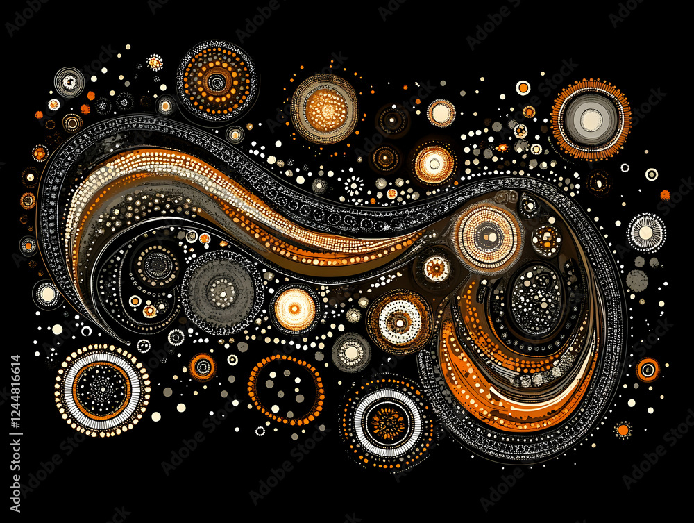 Aufkleber abstract background flows with orange and gray dots and circles on a black background.