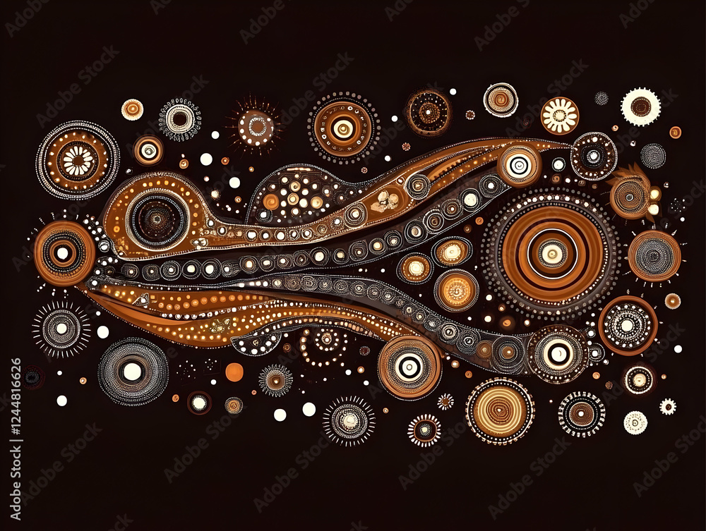 Poster intricate circular designs flow across a dark background, creating an abstract artwork with detailed