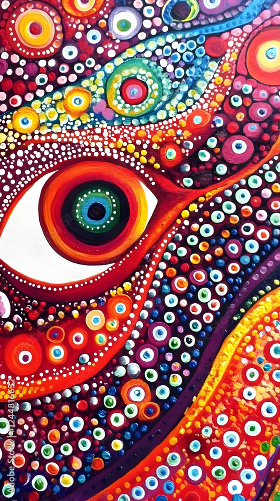 Poster abstract eye painting captures vibrant colors and dotted patterns dynamically