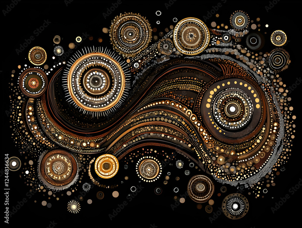 Poster abstract background with gold and brown dots forms a wavy pattern on black background beautifully