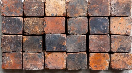 A collection of weathered bricks arranged in a grid pattern.