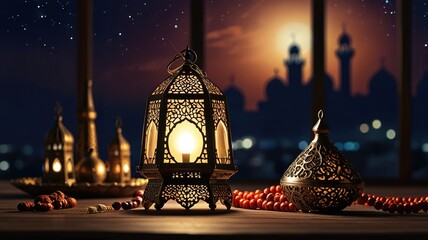 Mosque background muslim lamp and tasbih on table against night sky