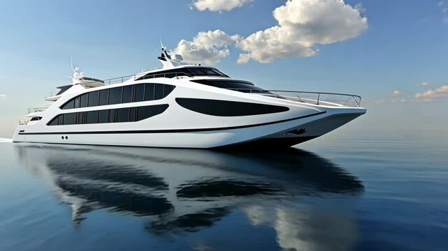 Luxurious yacht cruising on calm waters under a bright blue sky with fluffy clouds