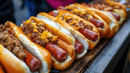 Mouthwatering Chili Cheese Hot Dogs: A Row of Delicious American Classics