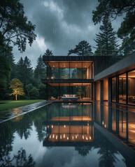 Fototapeta premium Stylish minimalist mansion with elegant modern design glowing lamps and a tranquil pool during rainy cloudy weather Exterior Design Inspiration