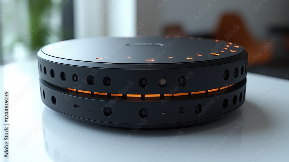 Poster modern round device with glowing indicators on a table, showcasing sleek design and minimalism