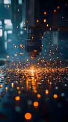 Fototapeta premium Industrial Laser Cutting Machine Cuts Metal Sheet with Sparks, Precision, and Speed in Factory Setting