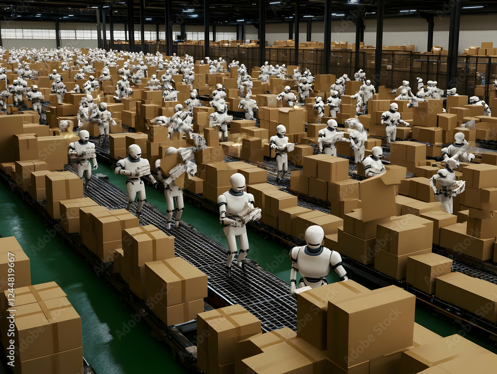 Poster numerous robots processing cardboard boxes on conveyor belts in a warehouse efficiently and rapidly.