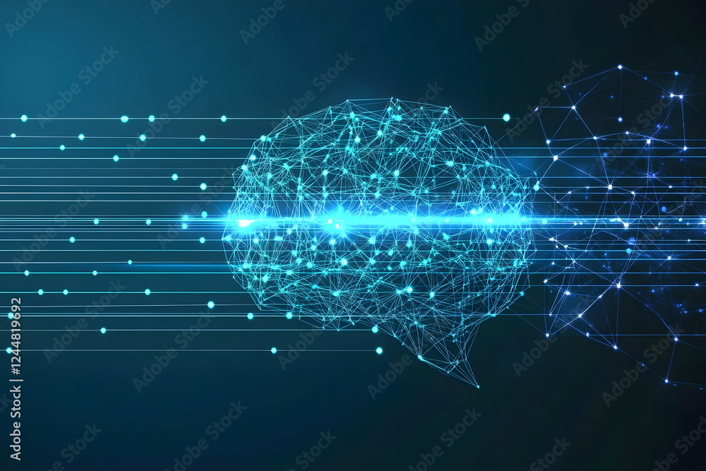 Poster abstract brain network connects with data streams and glowing nodes seamlessly on dark blue backgrou