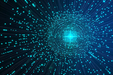 Abstract 3D sphere with glowing particles and lines radiating outward dynamically