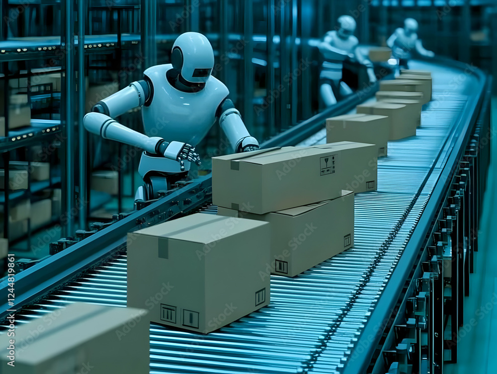 Poster robots working on conveyor belt in warehouse, automating package handling efficiently